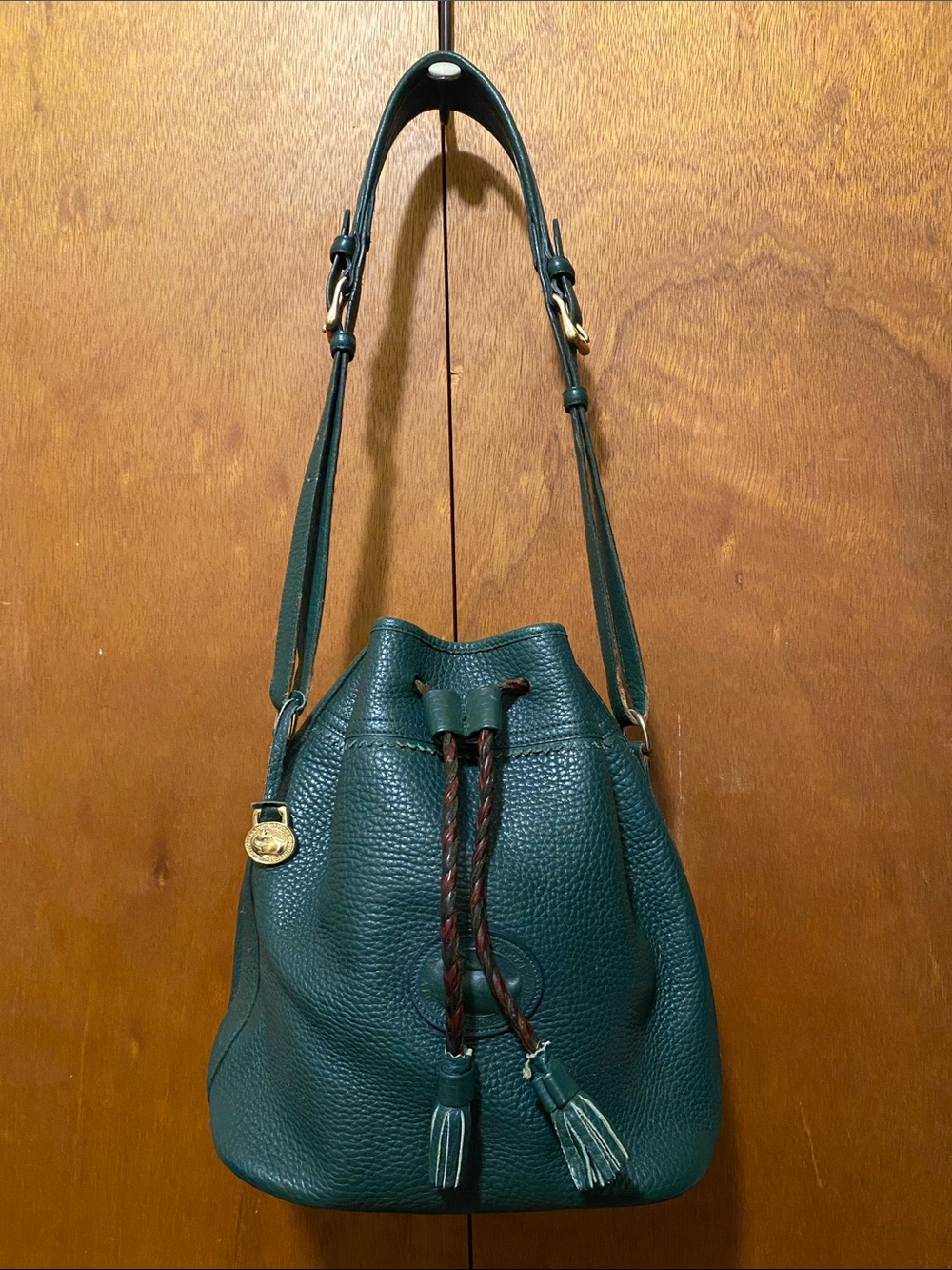 Dooney & Bourke Forest Green Pebble Leather Drawstring Bucket Bag - vintage